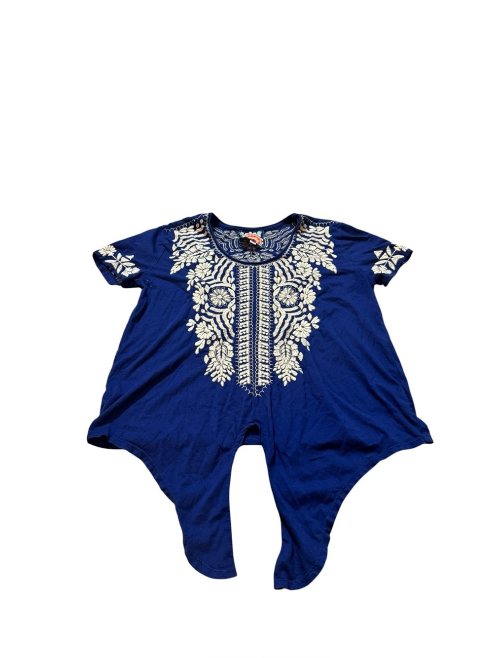Johnny Was Embroidered Tie Waist Top Small Blue Cotton Boho Floral Tee